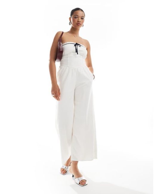 Hollister White Strapless Linen Jumpsuit With Contrast Trims