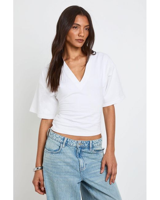 Boohoo White Tall V-Neck Cinched Waist T-Shirt