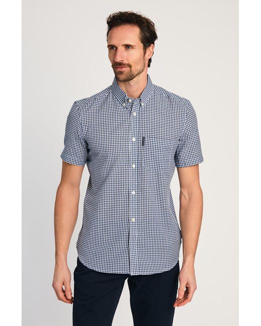 French Connection Blue Cotton Short Sleeve Gingham Chest Pocket Shirt for men