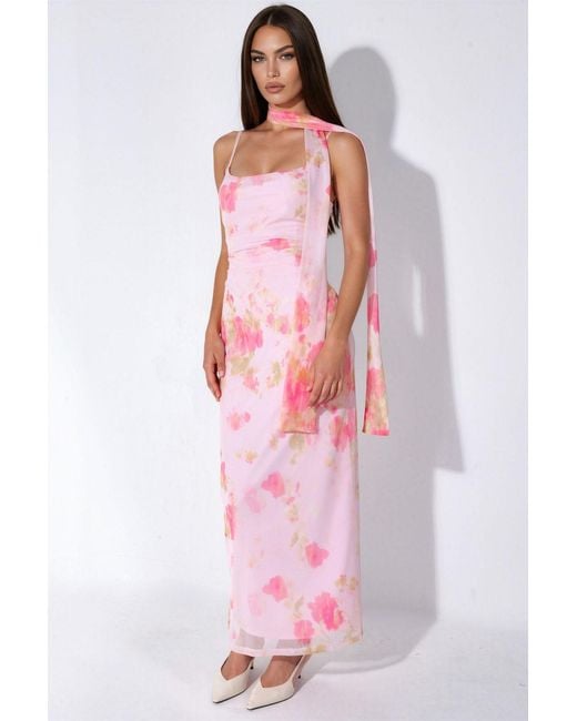 Hiccup Pink Patterned Tulle Midi Dress With Scarf Detail