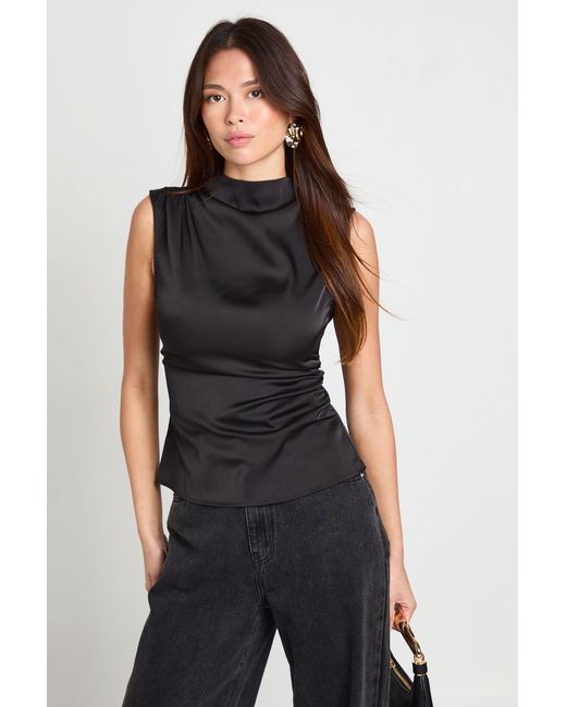 Boohoo Black Satin High Neck Ruched Top
