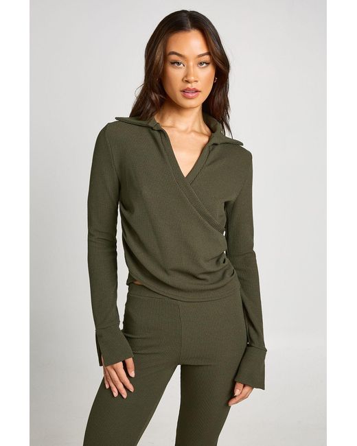 Boohoo Green Tall Crinkle Wrap Top And Flare Trouser Co-Ord