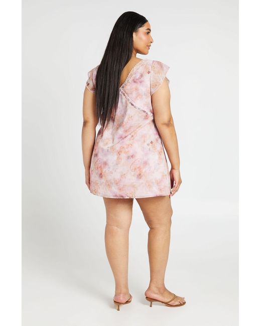 Boohoo Pink Plus Printed Cap Sleeve Lace Trim Shift Dress