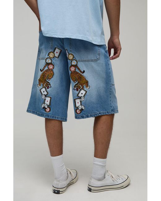 BoohooMAN Blue Tiger Embroidered Longline Denim Jorts for men