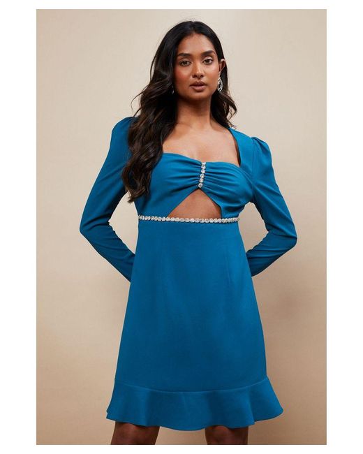 Oasis Blue Occasion Crepe Diamante Trim Mini Dress