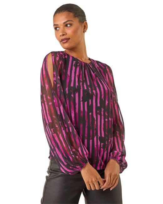 Roman Red Strip Print Mesh Overlay Top