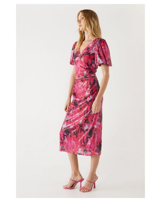 Warehouse Red Printed Sequin Puff Sleeve Ruched Midi Dress