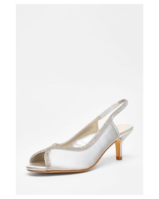 Quiz White Satin Diamante Low Heeled Slingback Heels