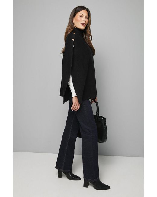 Wallis Black Button Detail High Neck Knitted Poncho Jumper
