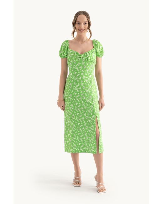 Hiccup Green Floral Sweetheart Neck Puff Sleeves Midi Dress With A Side Slit
