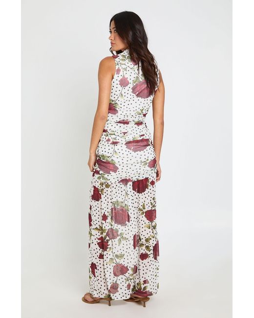 Boohoo White Floral Polka Dot Ruched Body Maxi Dress