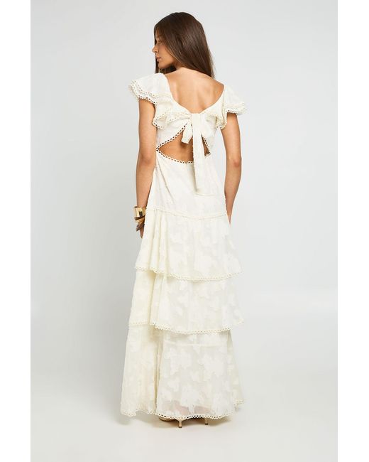Boohoo Natural Occasion Burnout Open Back Ruffle Detail Maxi Dress