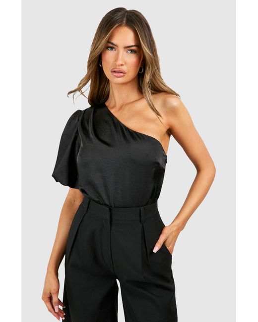 Boohoo Black Textured Satin Puff Sleeve Bodysuit