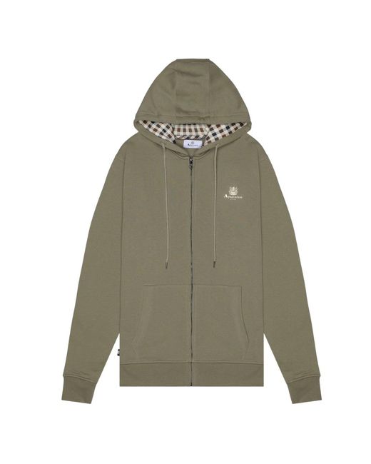 Aquascutum Green Active Small Logo Full Zip Up Army Hoodie Cotton for men