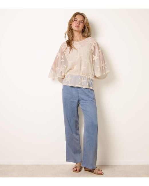 Blue Vanilla Blue Star Fish Embroidered Butterfly Sleeve Blouse