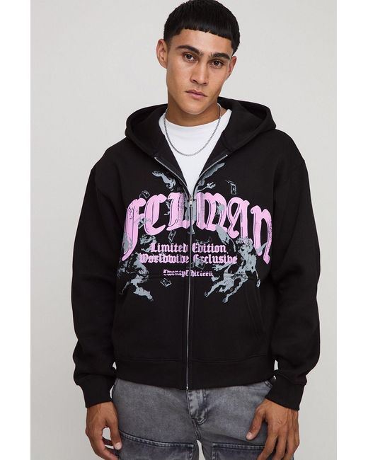 BoohooMAN Black Oversized Boxy Zip Through Ofcl Printed Hoodie for men