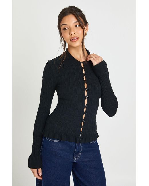 Boohoo Blue Textured Knit Collared Cardigan