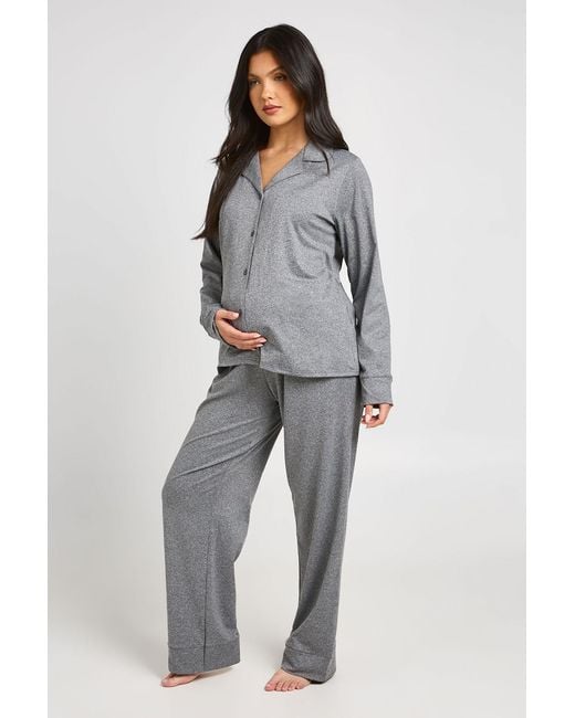 Boohoo Gray Matenity Soft Touch Button Through Shirt And Trouser Pyjama Set