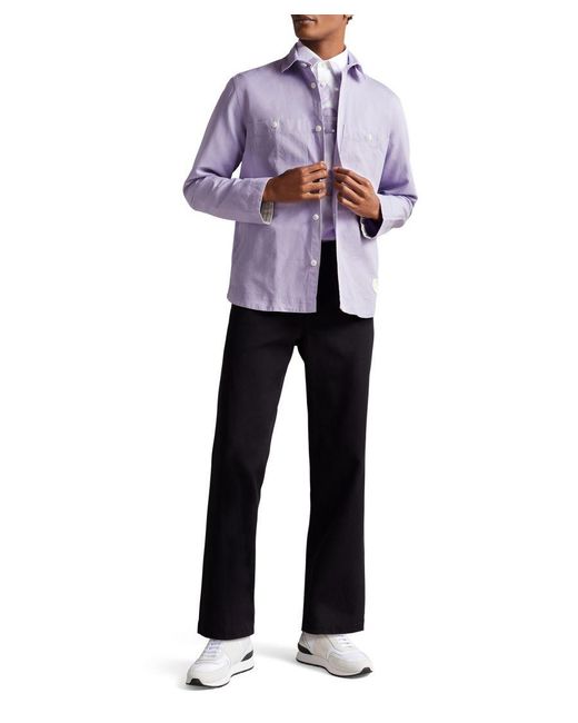 Ted Baker Purple Amoret Long-Sleeved Harrington Shacket, Light Cotton/Linen for men