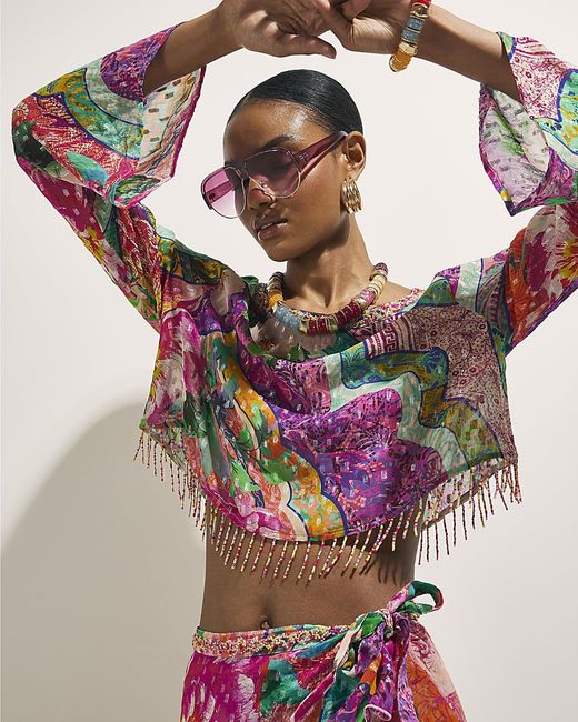 River Island Pink Crop Top Beaded Fringe Beach Floral Del Maar Viscose