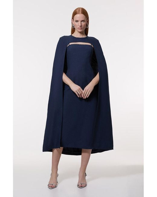Karen Millen Blue Premium Tailored Linen Drama Cape Midi Dress