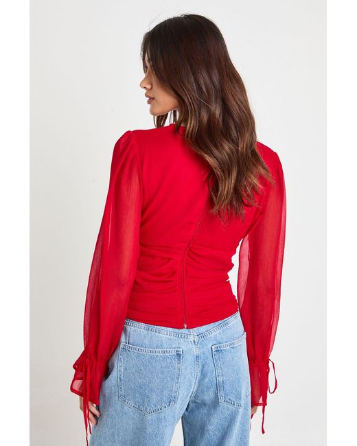 Boohoo Red Chiffon Tie Cuff Blouse
