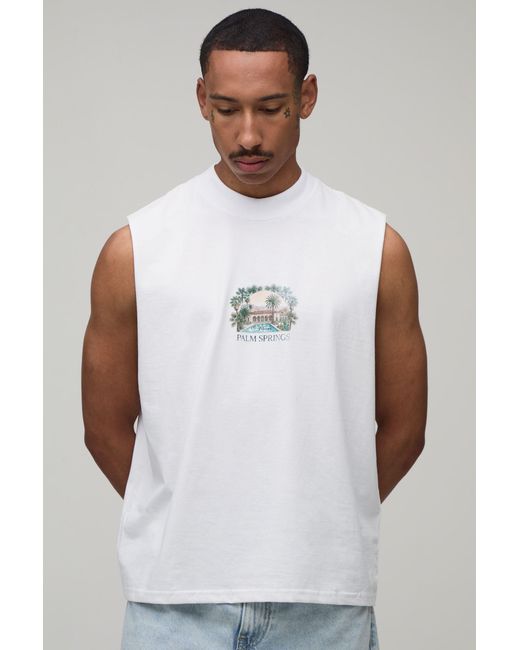 BoohooMAN White Oversized Boxy Palm Springs Print Tank Cotton for men