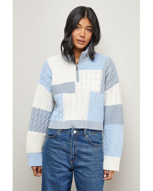 Warehouse White Patchwork Crop Cable Jumper