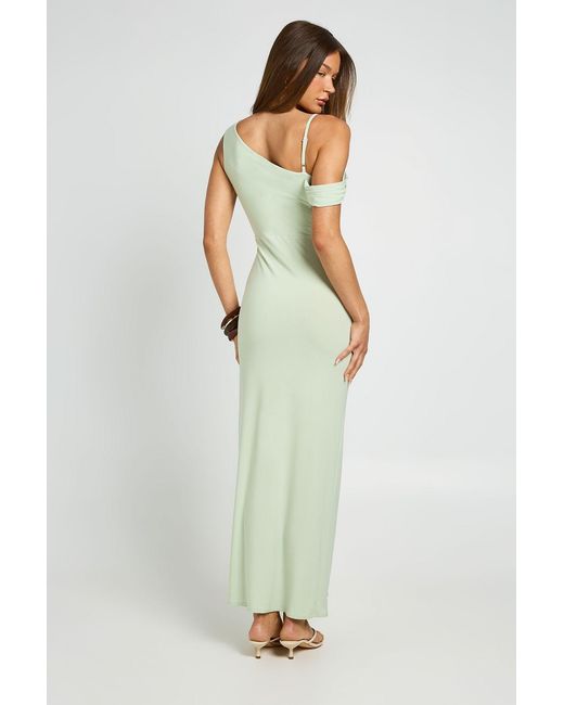 Boohoo Green Double Layer Slinky Drape Front Cold Shoulder Maxi Dress