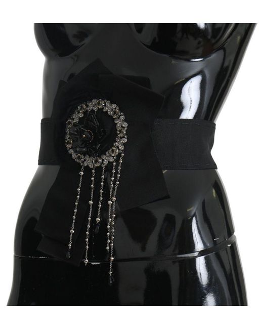 Dolce & Gabbana Black Crystal Brooch Wide Wai Satoria Belt Cotton