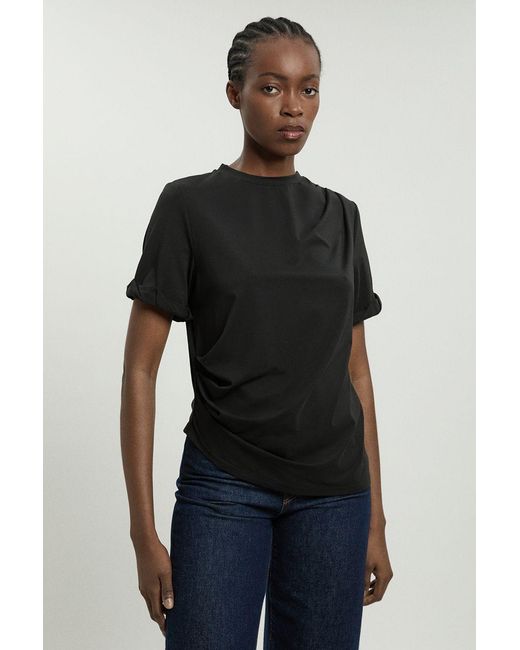 Karen Millen Black Cotton Jersey Gathered Detail T-Shirt