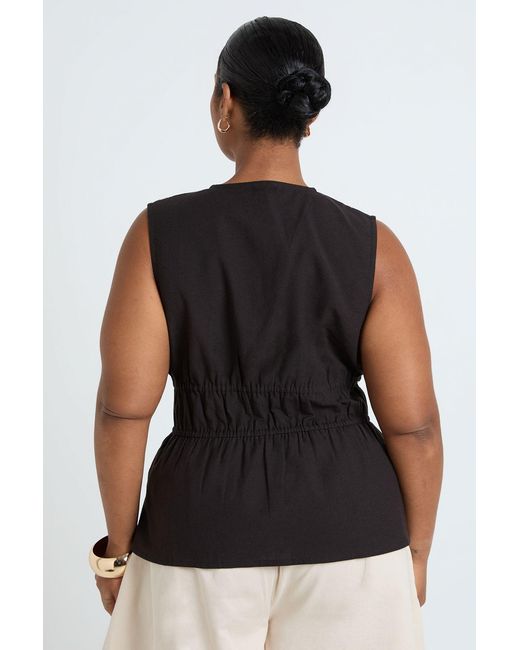 Boohoo Black Plus Linen Shirred Waist Tie Front Detail Top