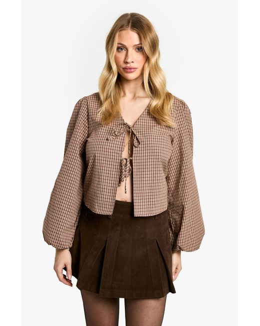 Boohoo Natural Maternity Woven Flannel Balloon Sleeve Tie Detail Top