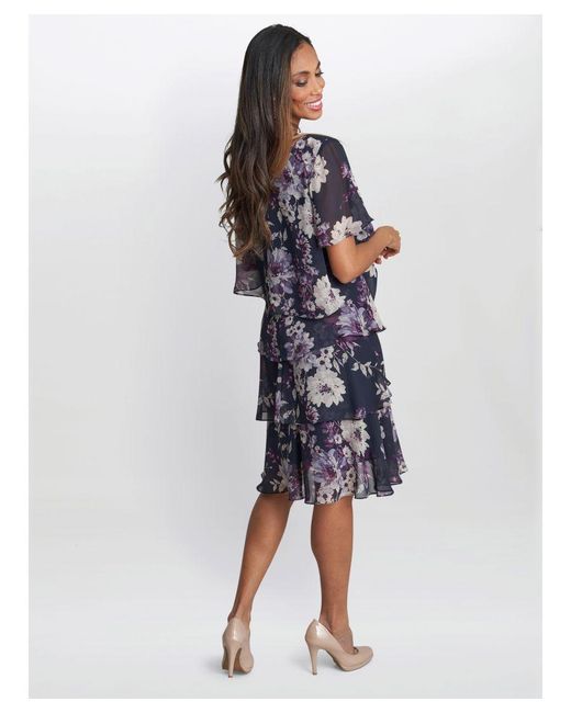 Gina Bacconi Blue Paula Printed V Neck Tier Dress