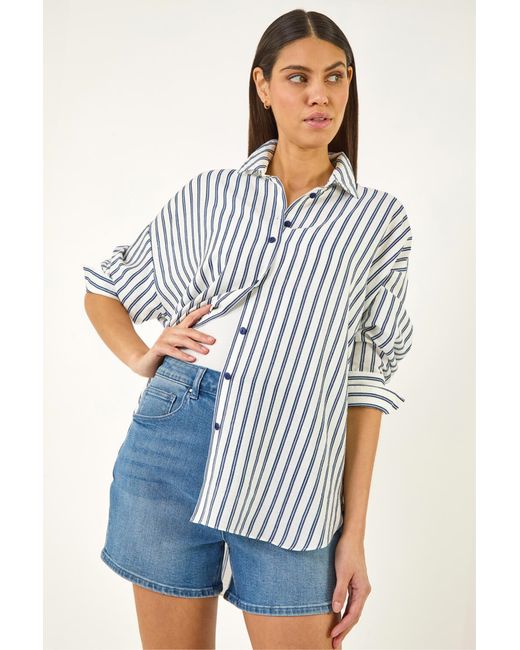 Roman Blue Stripe Print Button Blouse
