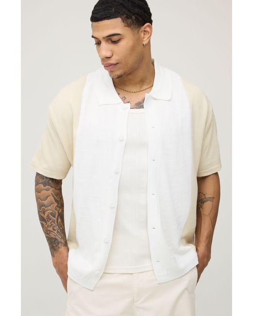 BoohooMAN White Relaxed Boxy Colour Block Knitted Shirt for men