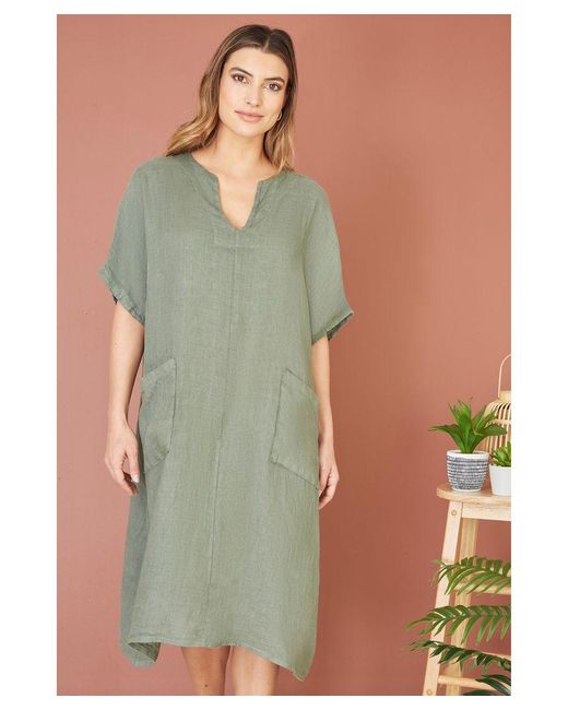 Yumi' Green Italian Linen Tunic With Front Pockets