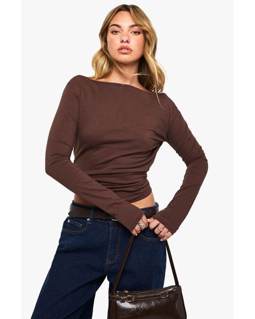 Boohoo Blue Cotton Boat Neck Long Sleeve Top