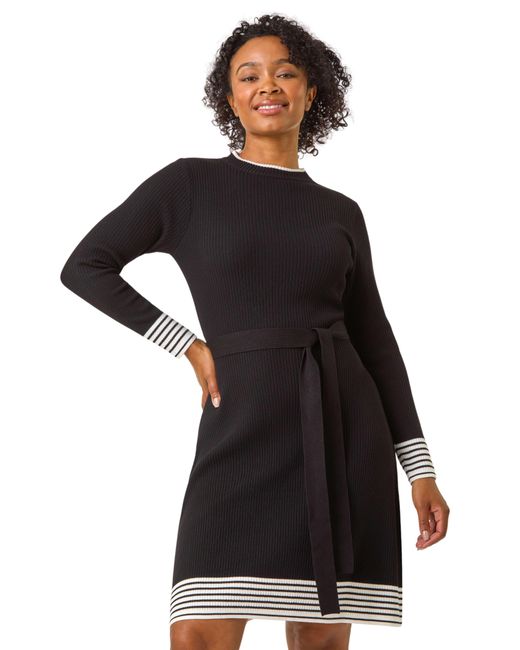 Roman Black Petite Stripe Knitted Midi Dress