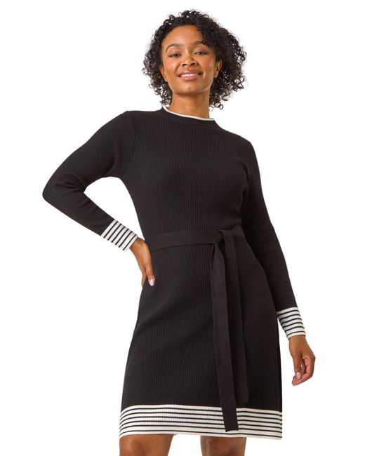 Roman Black Petite Stripe Knitted Midi Dress