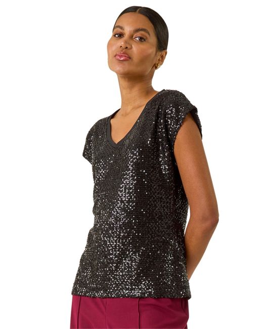 Roman Black Sequin V-Neck Stretch Top
