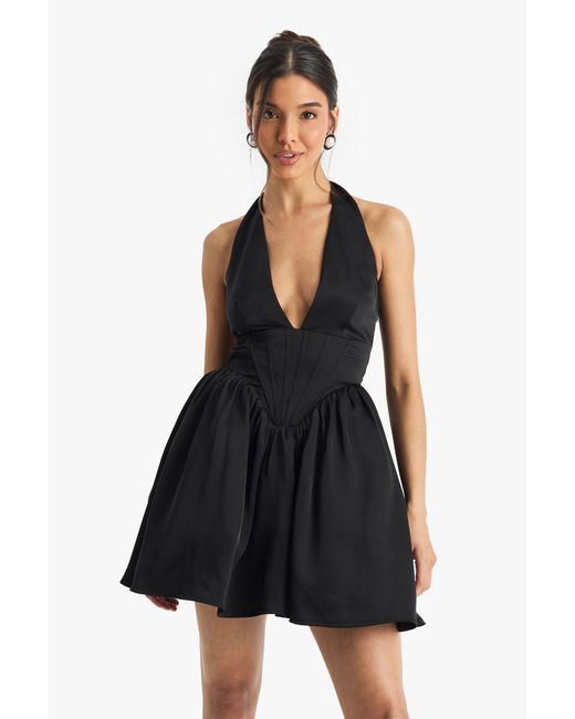 Boohoo Black Satin Halterneck Boned Detail Volume Mini Dress