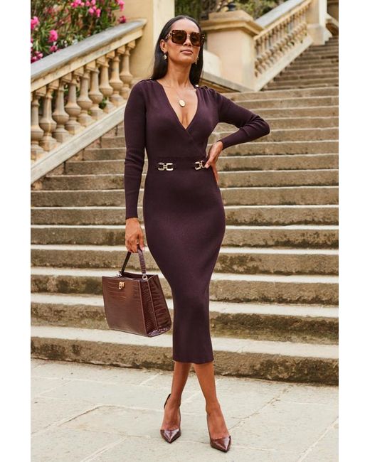 Sosandar Brown Chocolate Wrap Front Luxe Buckle Knitted Dress