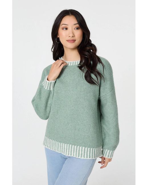 Izabel London Green Sage Contrast Trim Balloon Sleeve Jumper
