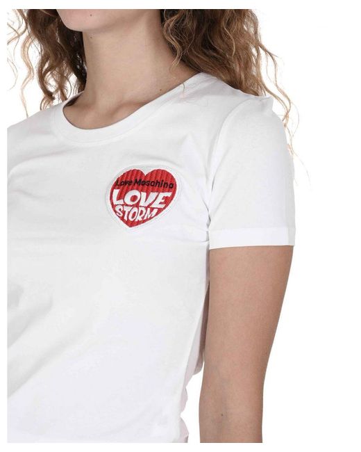 Love Moschino White Hort Leeve Crew Neck Heart Patch Thirt