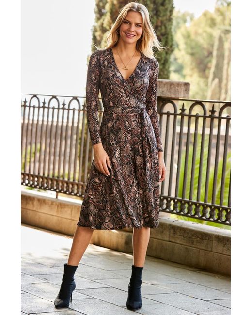 Sosandar Metallic Print Faux Wrap Midi Jersey Dress