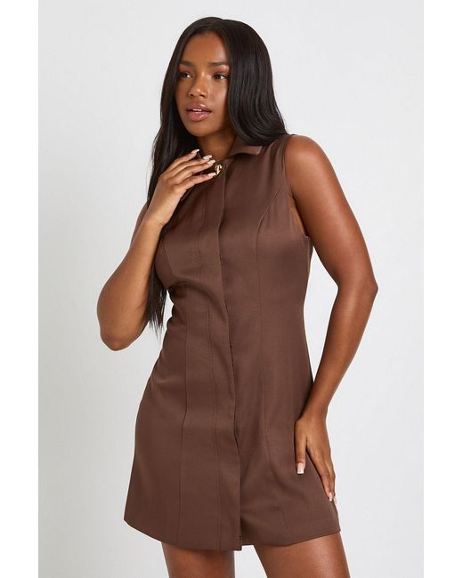 Boohoo Brown Trim Detail Collared Sleeveless Shift Dress