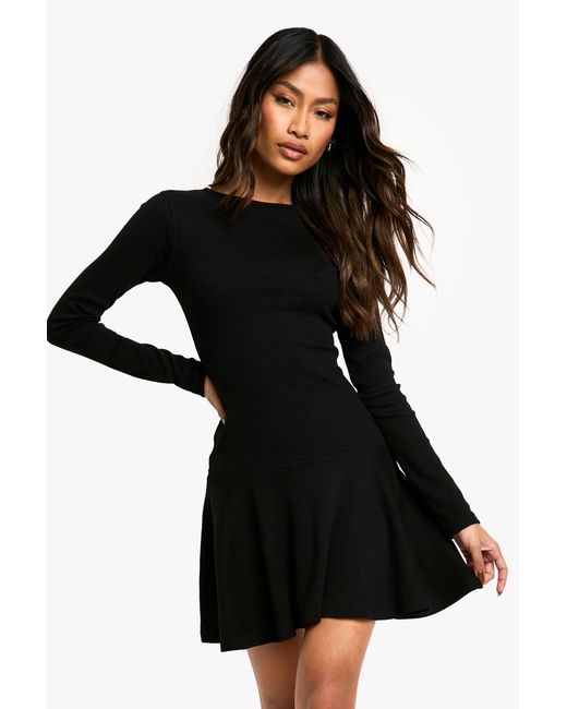 Boohoo Black Rib Dropped Hem Skater Dress