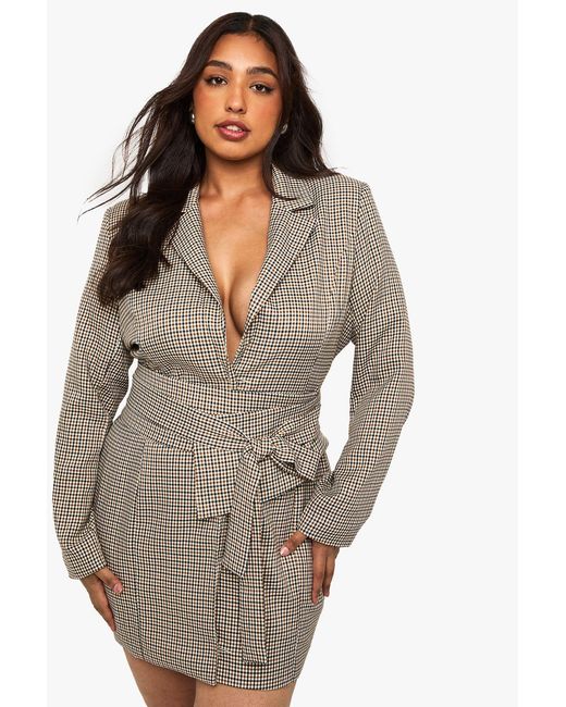 Boohoo Brown Plus Obi Check Blazer Dress