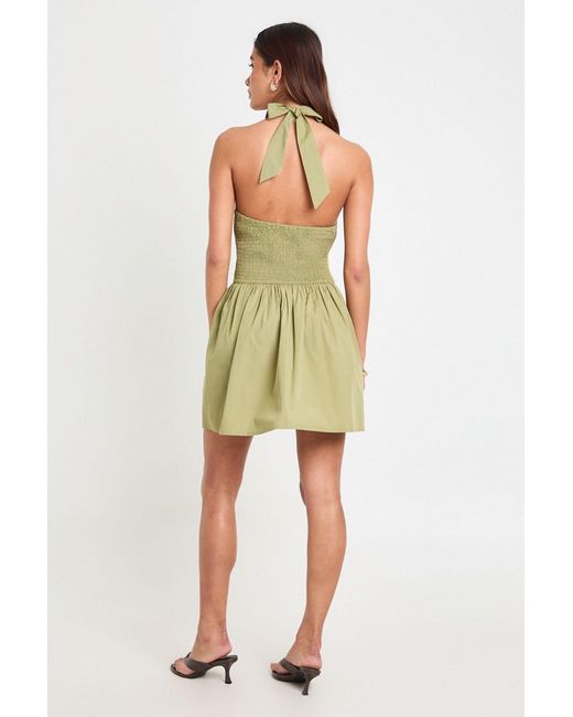 Boohoo Green Cotton Poplin Halter Neck Pleated Mini Dress
